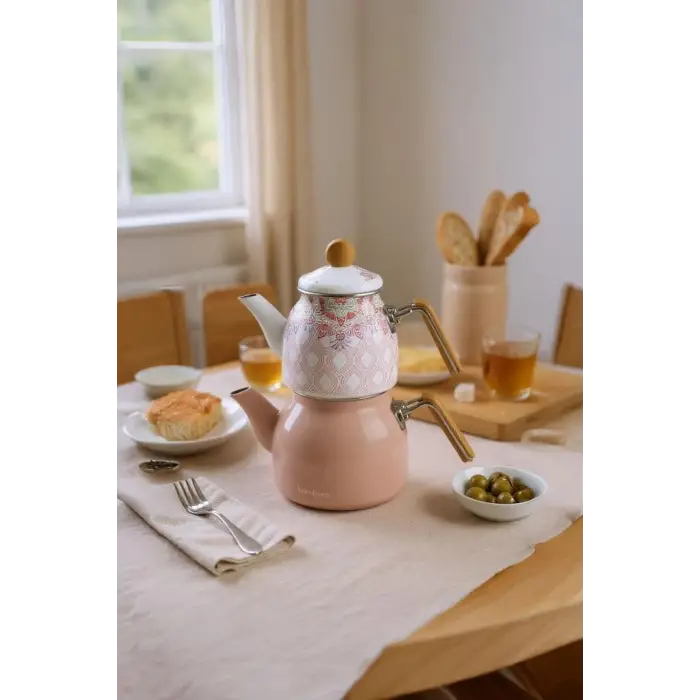 Unique - Bambu Kulplu Emaye Çaydanlık Takımı Pembe
