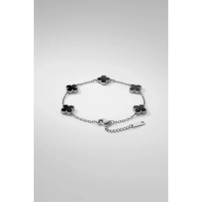 Unisex Minimal Çelik Yonca Bileklik Siyah