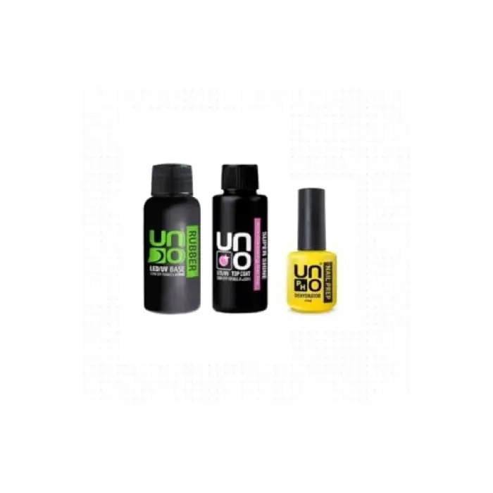Uno Rubber Base Coat ve Super Shine Top Coat 50 ml, Dehydrator 15 ml, 4lü Set Şeffaf