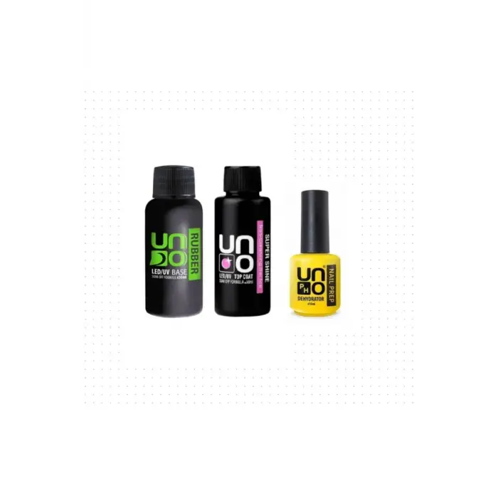 Uno Rubber Base Coat ve Super Shine Top Coat 50 ml, Dehydrator 15 ml, 4lü Set Şeffaf
