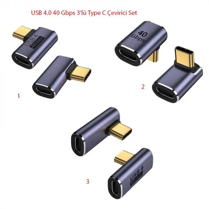 USB 4.0 type C 90 derece adaptör 40Gbps hızlı veri transferi 3lü set