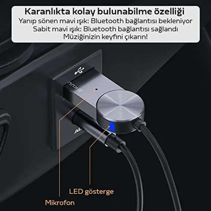 USB Bluetooth 5.0 3.5 Aux Receiver, Aux Wireless Araç Kiti