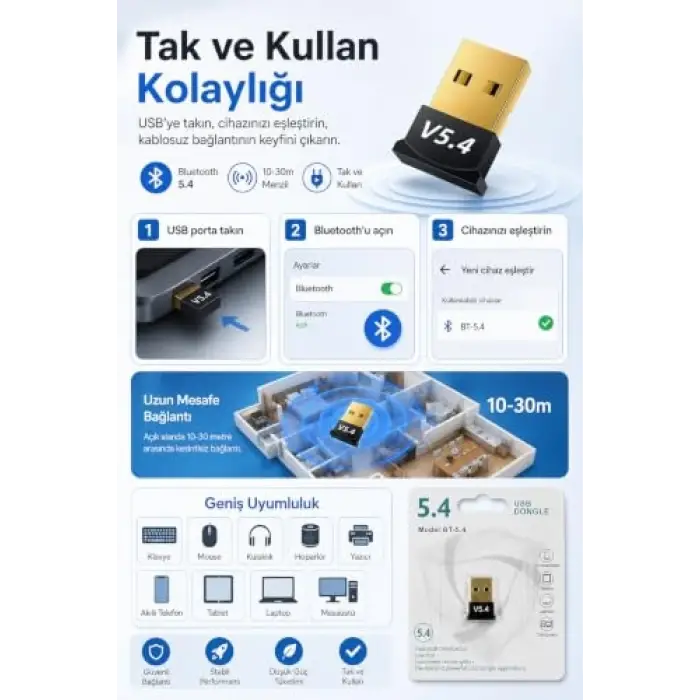 USB Bluetooth Dongle Pc Laptop Kablosuz Bluetooth 5.4 Adaptör V5.4 Bluetooth Aparatı