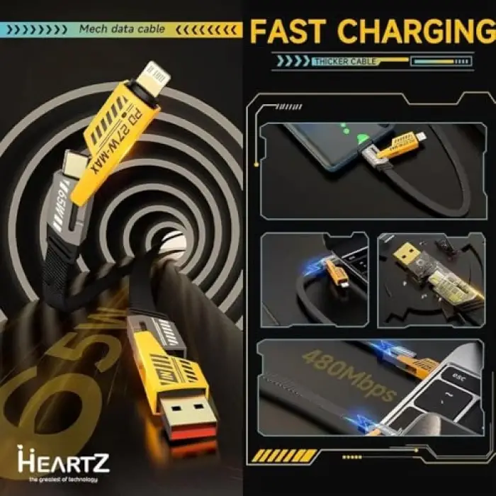USB-C Düz Örgülü Hasır 4ü 1 arada 65/27 W 2 to 2 Flat Fast Wire Cable PD USB Type-C iOS 4lü Şarj ve Veri Kablosu