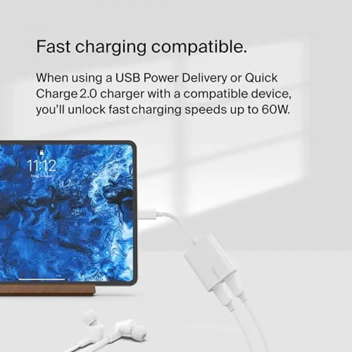 USB-C Ses + Şarj Adaptörü, USB-C 60W Güç Dağıtımlı Kulaklık Adaptörü, iPhone 15, iPad Pro, Galaxy, Note, Google Pixel, LG, Sony ve OnePlus için Hızlı Şarj, Beyaz