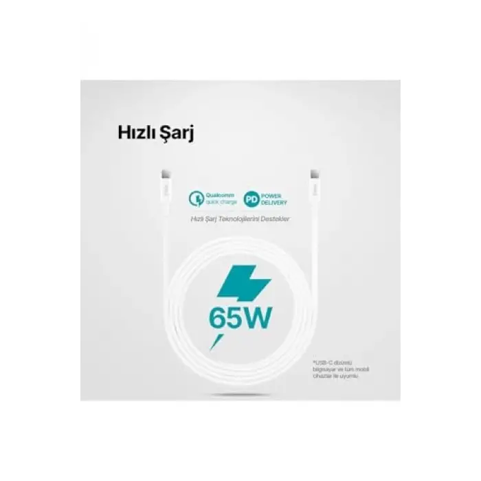 USB-C - USB-C 300cm 60W PD/QC Hızlı Şarj/Data Kablosu Beyaz