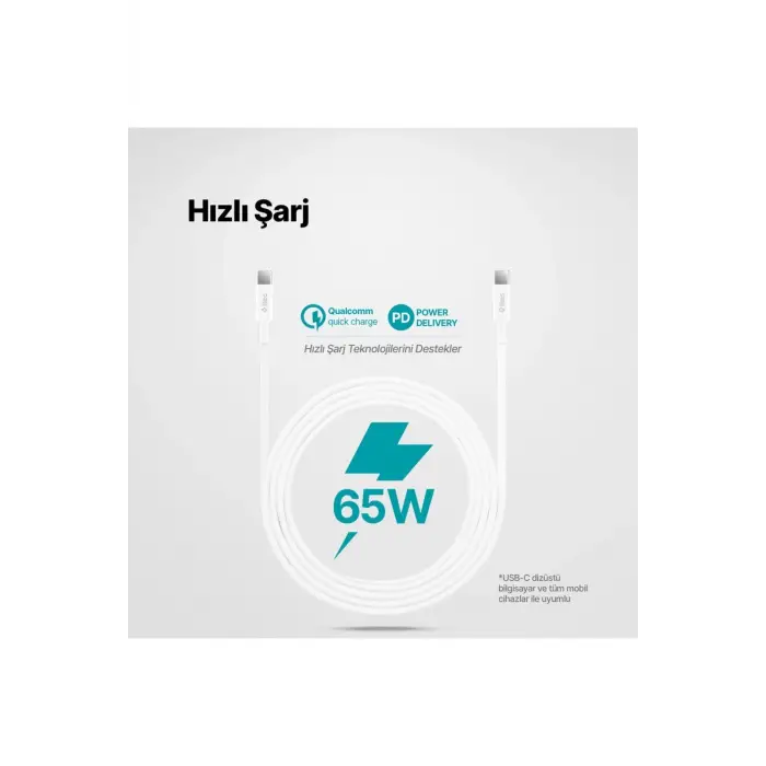 USB-C - USB-C 300cm 60W PD/QC Hızlı Şarj/Data Kablosu Beyaz