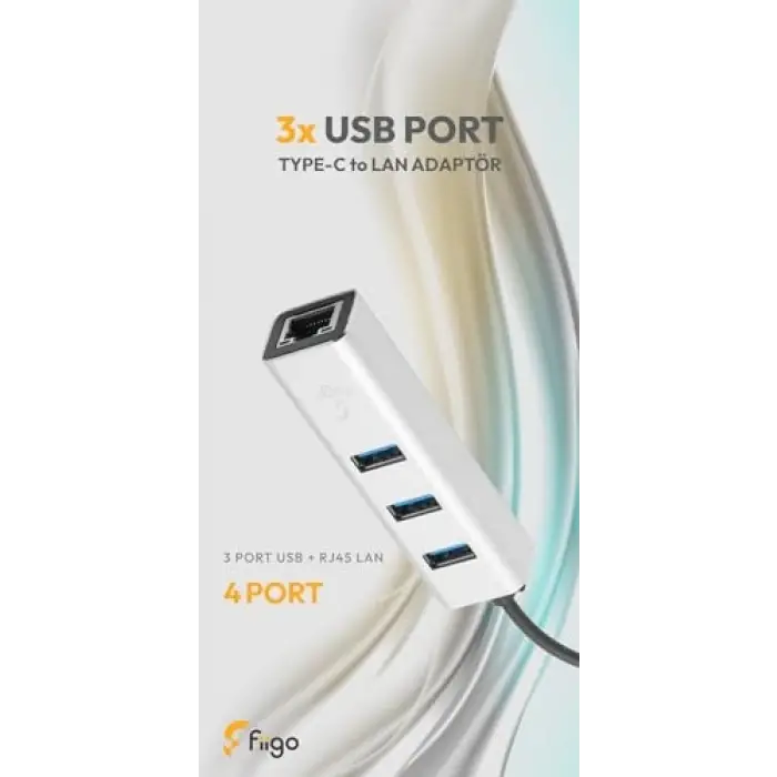 USB to Lan ve 3x USB Alüminyum Adaptör, Gri