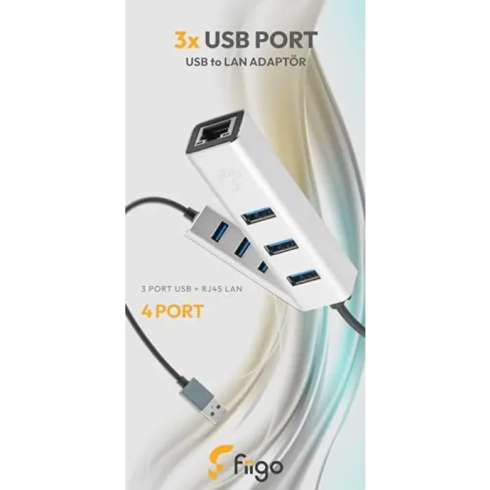 USB to Lan ve 3x USB Alüminyum Adaptör, Gri
