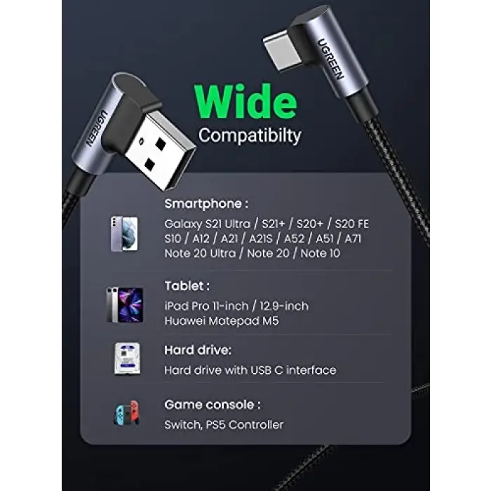 USB to Type-C 90 Derece Şarj ve Data Kablosu 2 Metre