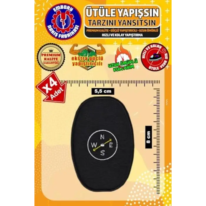 Ütü ile Yapışan Arma Yama, Siyah Pusulalı Yama (4 Adet) Ütüyle Yapışan Nakış Dokuma Aplike Patch
