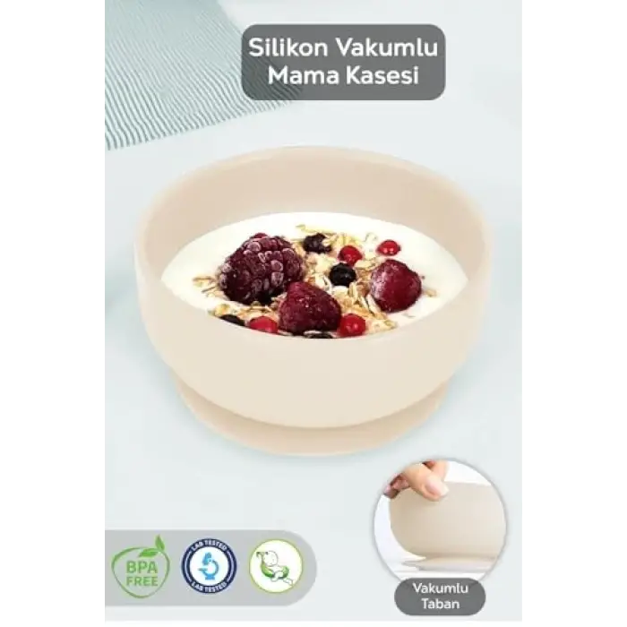 Vakum Tabanlı Silikon Bebek Mama Kasesi, Bej