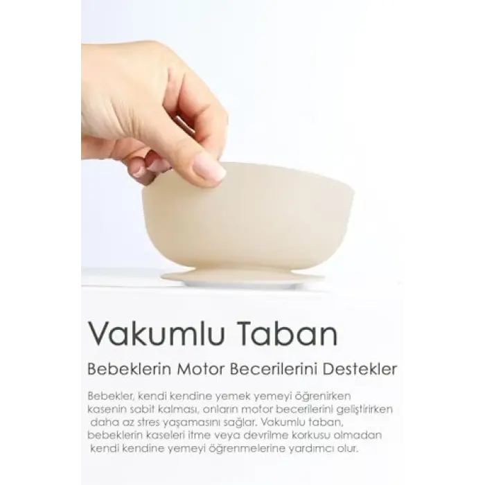 Vakum Tabanlı Silikon Bebek Mama Kasesi, Bej
