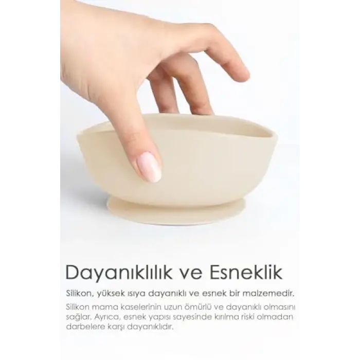 Vakum Tabanlı Silikon Bebek Mama Kasesi, Bej