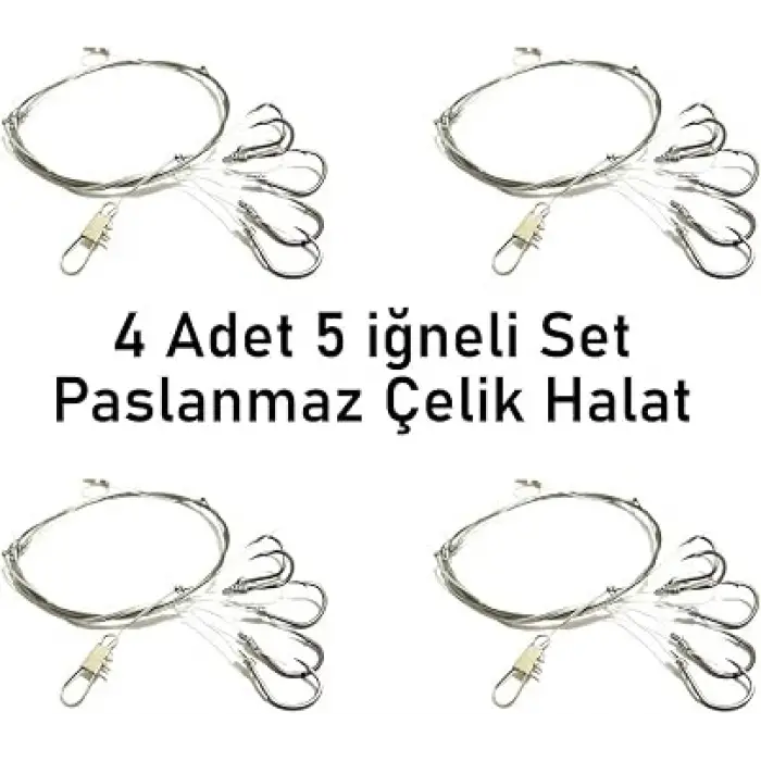 Valkyrie 5 İğneli Paslanmaz Çelik Halatlı Dip Hırsız Olta Takımı 4’lü Set 10# Karbon Çelik İğne