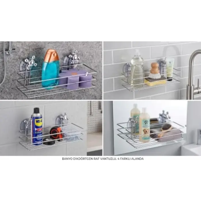 Vantuzlu Dikdörtgen Banyo Rafı Krom