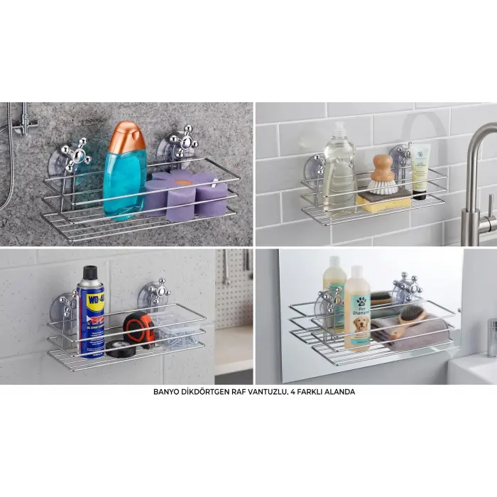 Vantuzlu Dikdörtgen Banyo Rafı Krom