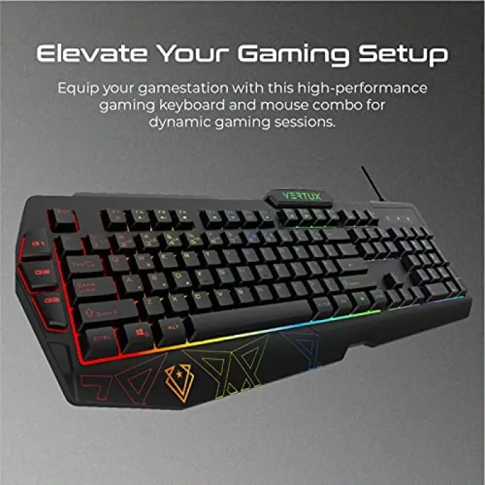 Vendetta kablolu oyun klavyesi ve fare, Rainbow arka plan aydınlatması, 104 tuş, programlanabilir makro tuşu, 12 kısa tuş tuş, 26 tuş gölgeleme önleyici, 6 tuşlu fare, 3200 DPI
