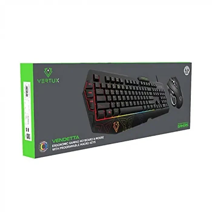 Vendetta kablolu oyun klavyesi ve fare, Rainbow arka plan aydınlatması, 104 tuş, programlanabilir makro tuşu, 12 kısa tuş tuş, 26 tuş gölgeleme önleyici, 6 tuşlu fare, 3200 DPI