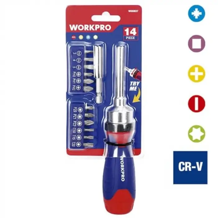 WP200524 14 Parça Profesyonel CR-V Cırcırlı Bits Tornavida Seti