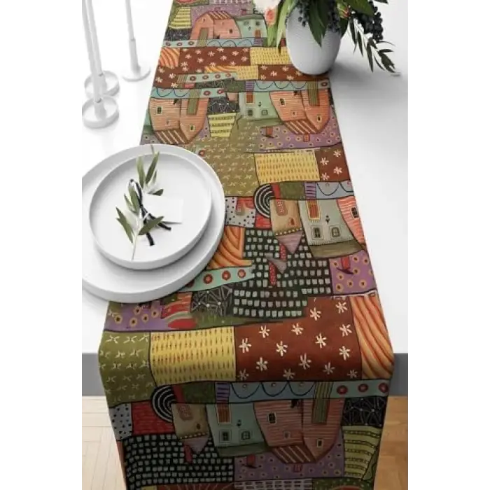 Yaz Evi Desenli Patchwork Leke Tutmaz Kumaş Runner, Kiremit 40 x 140