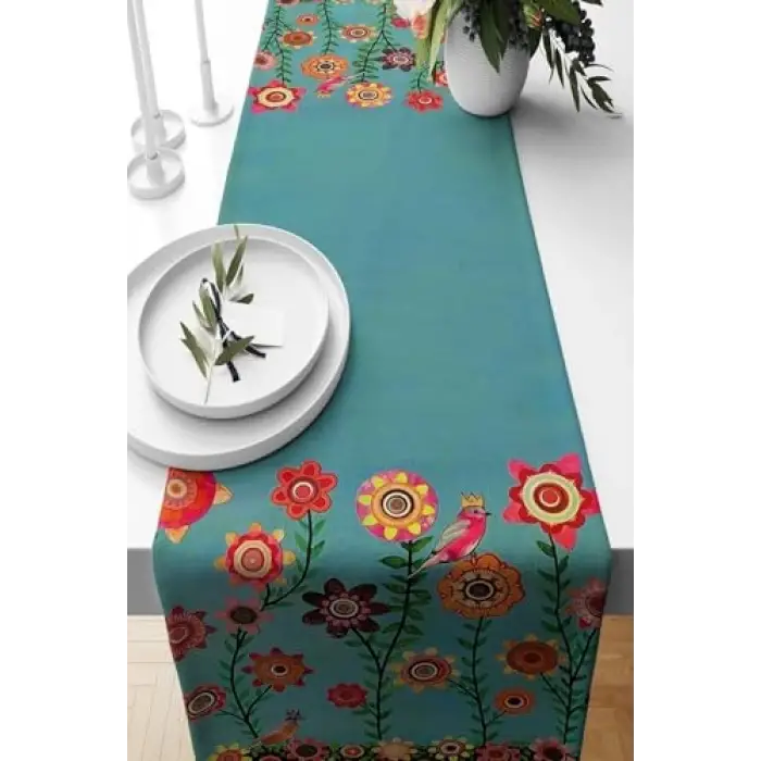 Yaz Evi Desenli Patchwork Leke Tutmaz Kumaş Runner, Kiremit 40 x 140