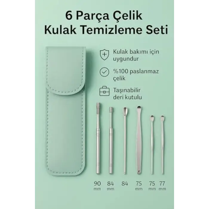 Yeşil Deri Çantalı 6 Parça Çelik Kulak Temizleme Seti cin433ys