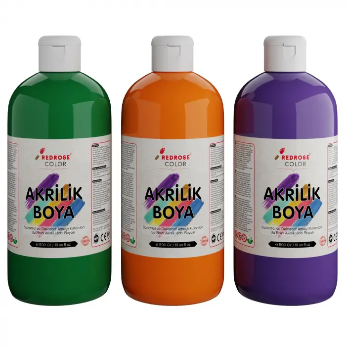 Yeşil, Mor, Turuncu Akrilik Boya 3lü Set 3x500 gr