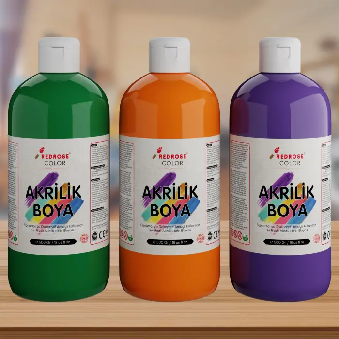 Yeşil, Mor, Turuncu Akrilik Boya 3lü Set 3x500 gr