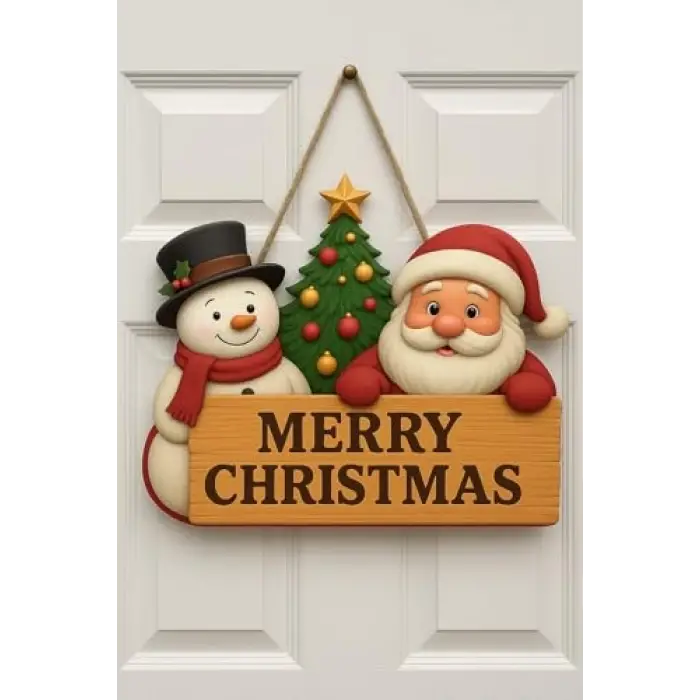 Yılbaşı Ahşap Kapı Süsü Noel Babalı Ahşap Kapı Yılbaşı Kapı Süsü Dış Mekan Süslemeleri Noel Çelengi (30-18 cm)
