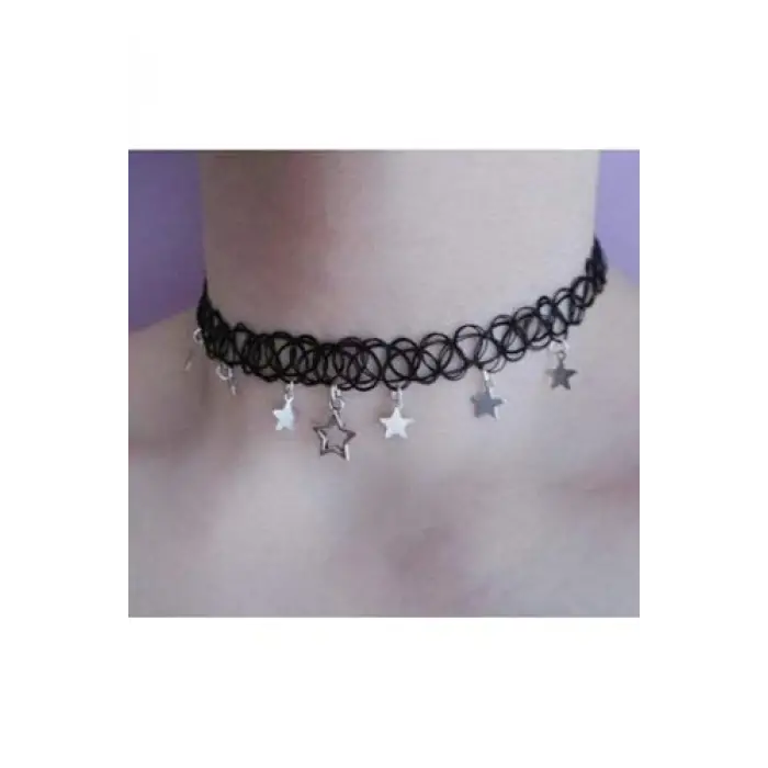 Yıldız Detaylı Elastik Choker Kadın Kolye, siyah