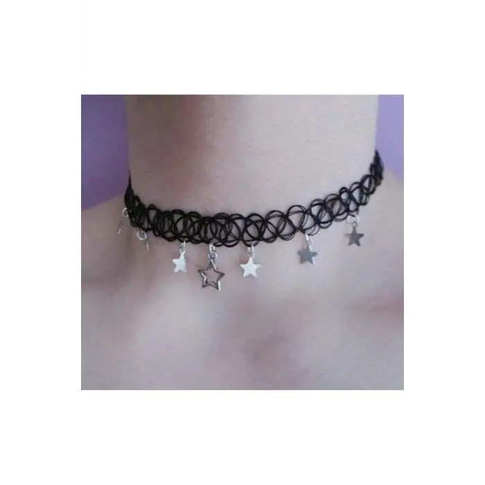 Yıldız Detaylı Elastik Choker Kadın Kolye, siyah