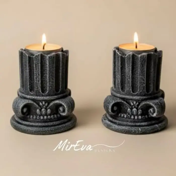 Yunan Sütunu Taş Mumluk Seti 2li, 9 cm Tealight Şamdan