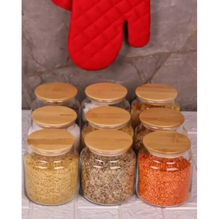 Zone - 9lu Cam Saklama Kabı 600ml Vakumlu Bambu Kapaklı