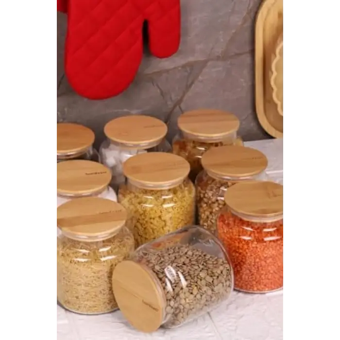 Zone - 9lu Cam Saklama Kabı 600ml Vakumlu Bambu Kapaklı