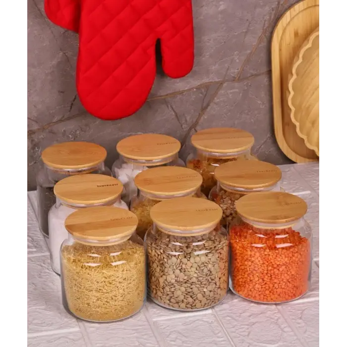 Zone - 9lu Cam Saklama Kabı 600ml Vakumlu Bambu Kapaklı