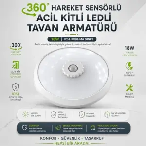 18W Beyaz LED Tavan Lambası, 360 Derece Hareket Sensörü ve Acil Kit
