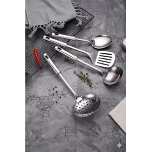 4 Parça Çelik Mutfak Servis Seti, Kepçe, Kevgir, Spatula ve Kaşık