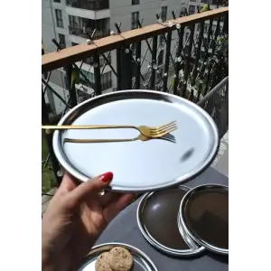 6 Kişilik Paslanmaz Çelik Servis Tabağı 25 cm Gümüş Renk Çelik Sunum Tatlı İkram Tabak