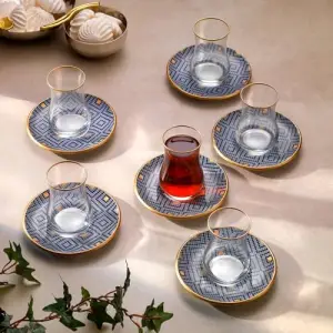 6 Lık Mozaik Cam Çay Seti 12 Parça