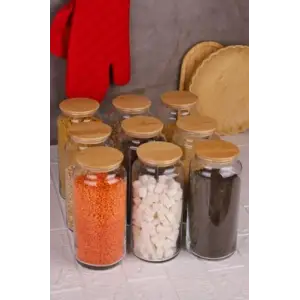 9lu Cam Saklama Kabı 1300 ml Vakumlu Bambu Kapaklı