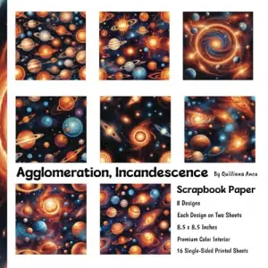 Agglomeration and Incandescence: Celestial Scrapbook Paper; 16 Single-Sided Printed Sheets, 8 Designs, 8.5 x 8.5 Inches