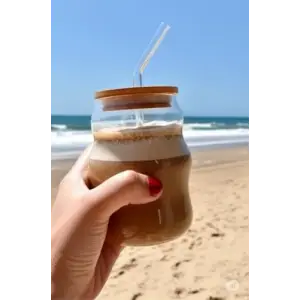 Bardak, Bambu Kapaklı Cam Pipetli 450 ml Borosilikat