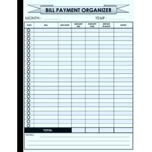 Bill Payment Organizer: Simple monthly bill payment organizer size 8.5 x 11
