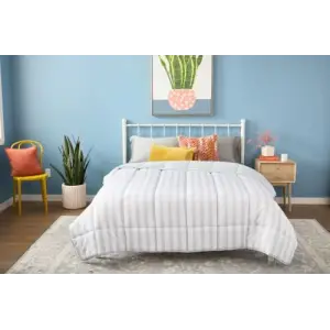 (California King, Grey/White Stripe) - Reversible Striped Down Alternative Quilted Comforter with Corner Duvet Tabs - Cal King Size