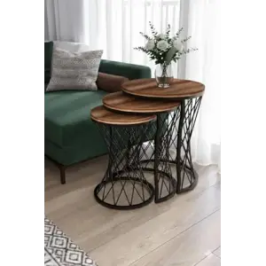 Koyu Ahşap Tablalı, Hasır Telli Model Statik Zigon Sehpa