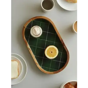 Mango Ekose Desenli Oval Ahşap Tabak