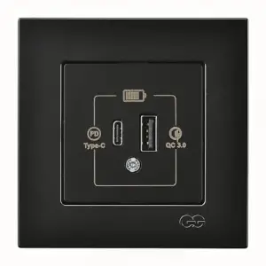 Metalik Siyah 2 Çıkışlı USB Şarj Prizi Type C + Type A 20W