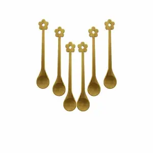 Mini Bambu Ahşap Kaşık Seti, Çiçek Desenli, 14.5 cm, 6 Adet