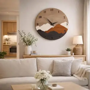 Modern Rustik Dağ Motifli Ahşap Duvar Saati 50 cm